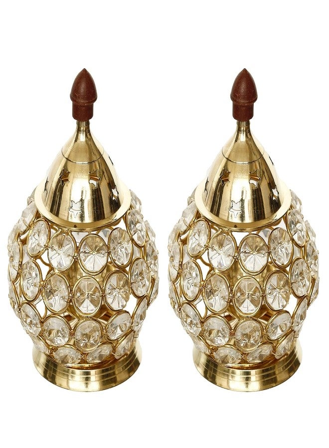 MISAA URNS Golden Brass and Crystal Akhand Diya for Puja - , Navratri - Brass Diya for Pooja Room, Home Temple Decor - Diwali Decoration Item for Home Decor Set of (2) - Image 3
